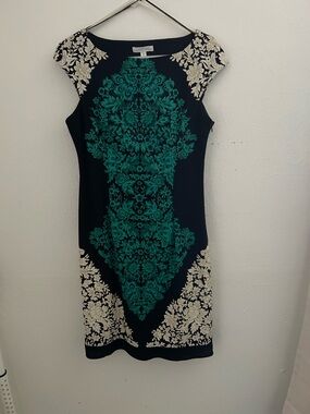 London Times Black Sheath Dress with Teal and Cream Floral Medallion
